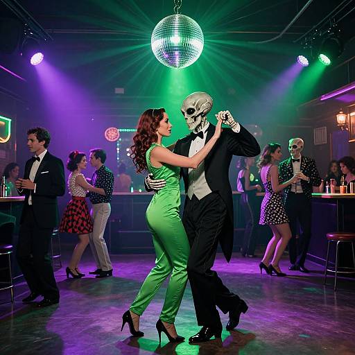 Photograph of a vibrant nightclub scene with a dancing couple, the man in a black tuxedo and skull mask, the woman in a green dress