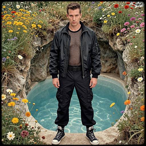 Photograph of a serious, brown-haired man in black jacket, mesh shirt, and cargo pants, standing in a flower-filled rock pool.