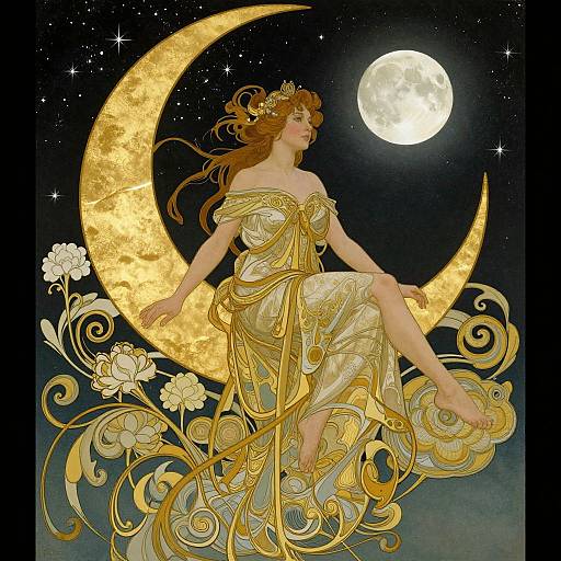 Artistic illustration of a fair-skinned woman with flowing red hair, wearing a golden, off-shoulder dress, sitting on a glowing crescent