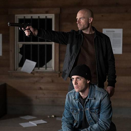 Men in wooden building with gun and broken window
