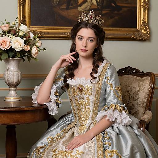 Photograph of a young woman with fair skin, wearing a silver and gold embroidered gown, tiara, and lace cuffs, sitting in an ornate