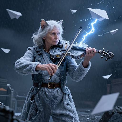 Photograph of a white-haired elderly woman with cat ears, playing a violin amidst lightning, falling paper planes, and rain, dressed in a blue denim