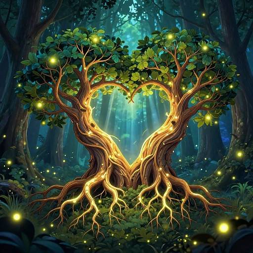 Digital artwork of two intertwined, glowing tree trunks forming a heart shape in a mystical, dark forest illuminated by floating fireflies.