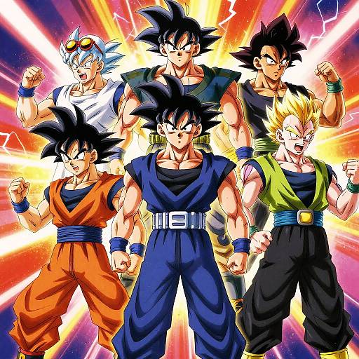 Digital artwork of six muscular, anime-style Super Saiyan characters with spiky hair, wearing colorful martial arts outfits, standing against a radiant, lightning-filled