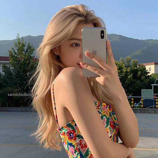 Blonde Woman's Mirror Selfie in Nature