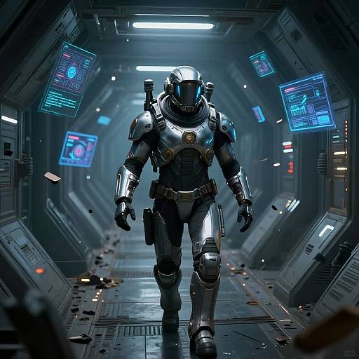 Photorealistic CGI of a futuristic armored space soldier walking down a dimly lit, high-tech spaceship corridor with floating holographic screens.