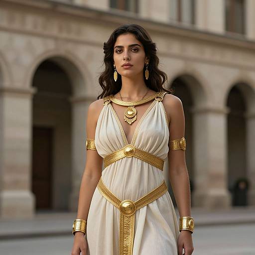 Photograph of a dark-haired woman in a white, gold-accented ancient Greek-style dress, standing in front of a stone archway.