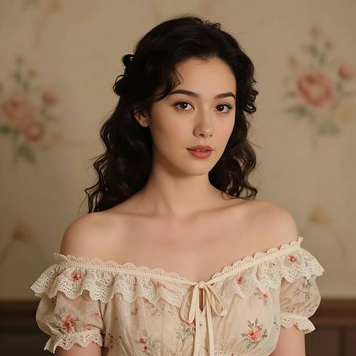 Photograph of a young Asian woman with wavy black hair, wearing an off-shoulder, floral, lace-trimmed blouse, against a