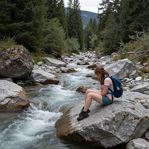Photograph of a woman with brown hair, wearing a blue backpack and shorts, sitting on a rock by a rushing mountain stream, surrounded by forest and
