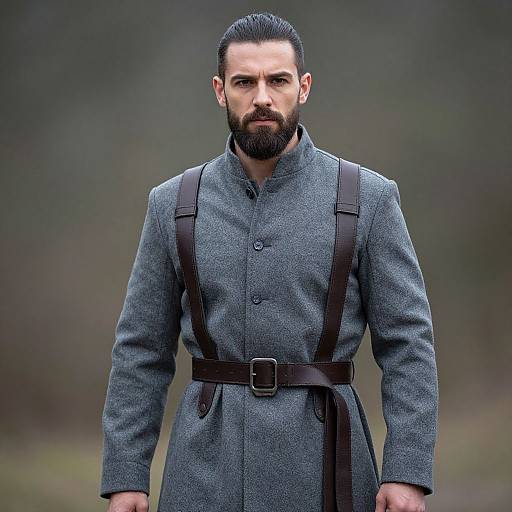 Photograph of a bearded man with a neat, dark beard and slicked-back hair, wearing a grey woolen coat with brown suspenders and