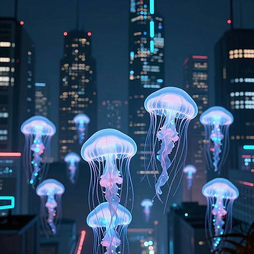 Photograph of glowing blue jellyfish floating in front of a dark, neon-lit cityscape with tall buildings and illuminated windows.