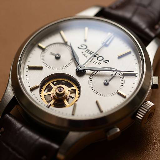 Photograph of a luxury Omega wristwatch with a silver dial, black leather strap, gold gears, and two sub-dials.