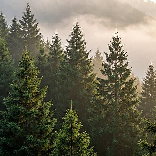 Photograph of a dense forest of tall, green pine trees with sunlight filtering through misty clouds in the background.