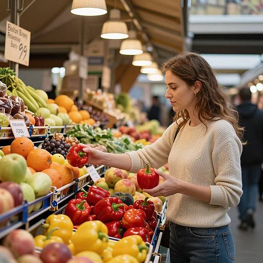 Photograph of a brunette woman in a cream sweater, selecting red bell peppers at a vibrant, colorful market stall.