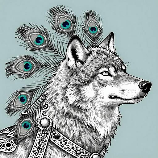 Regal Wolf Creature with Peacock Feathers