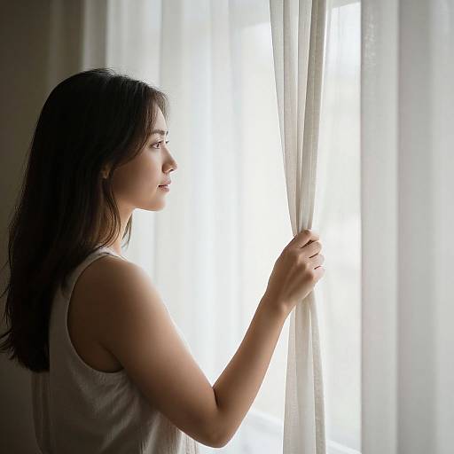 Woman Opening Curtains and Gazing Outside