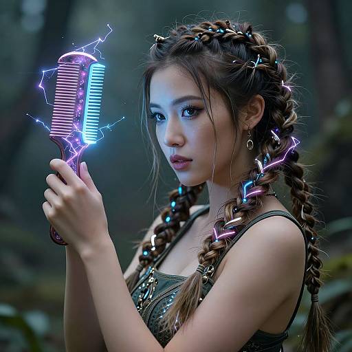 Digital artwork of a young woman with braided hair, glowing neon hair clips, and electric hairbrush in a mystical forest.