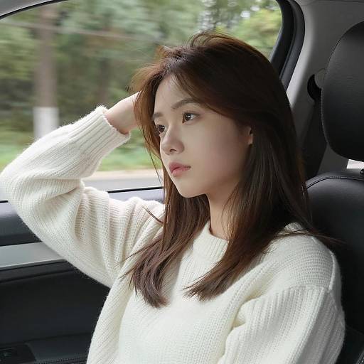Pensive Young Woman in Car with Nature
