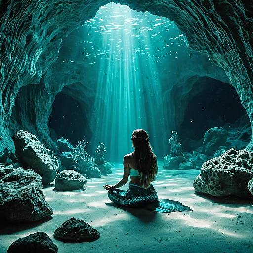 Ethereal Mermaid Meditating in Underwater Cave