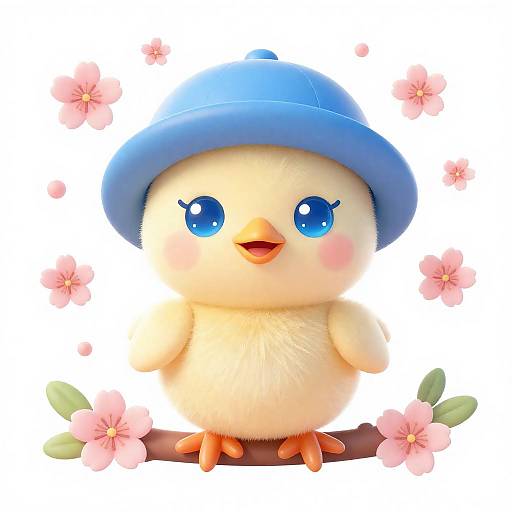 Cute Baby Chick with Blue Hat and Cherry Blossoms