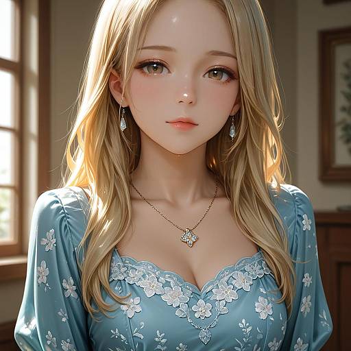 Blonde Woman in Blue Floral Dress Indoors