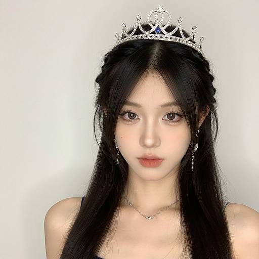 Digital portrait of an East Asian woman with long black hair, wearing a silver tiara with blue gem, delicate necklace, and earrings, against a plain