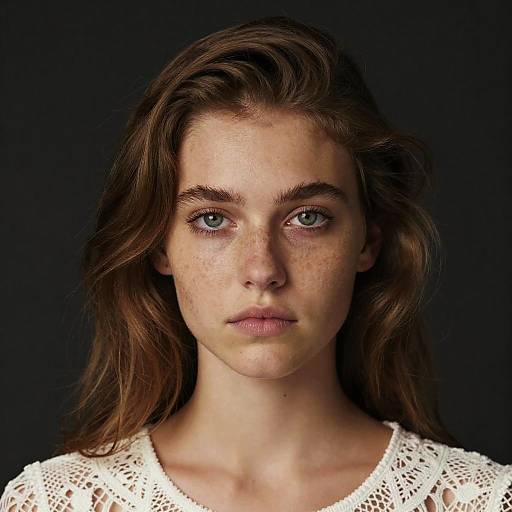 Photograph of a young woman with light brown wavy hair, green eyes, freckles, and a serious expression, wearing a white lace top
