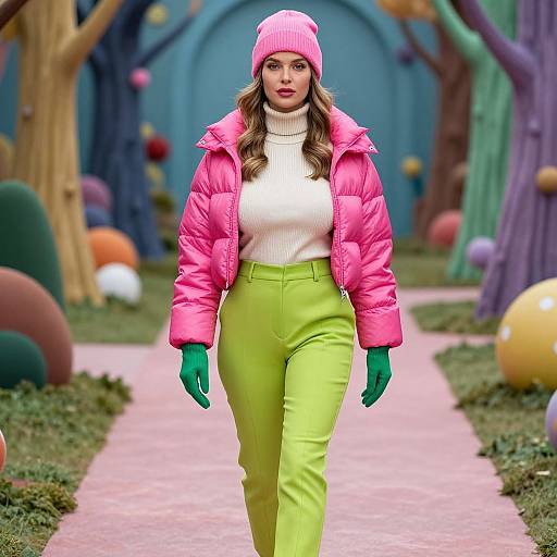 Photograph of a woman in a pink beanie, pink puffer jacket, white turtleneck, lime green pants, and green gloves, walking