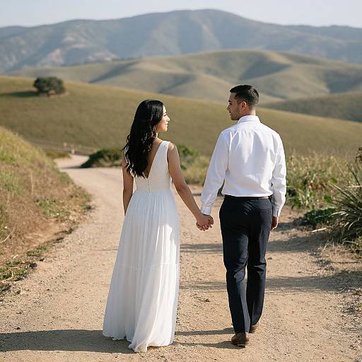 Photograph of a couple holding hands, walking down a dirt path in a rolling hill landscape. Bride in white dress, groom in white shirt and black