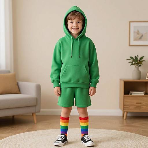 Photograph of a smiling young boy in a green hoodie and shorts, rainbow knee-high socks, and black shoes, standing in a brightly lit, modern