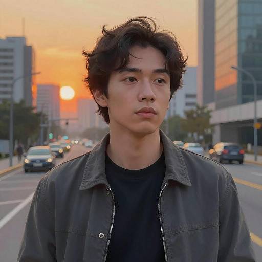 Photograph of an Asian man with messy black hair, wearing a black shirt and gray jacket, standing on an urban street at sunset, with cars and
