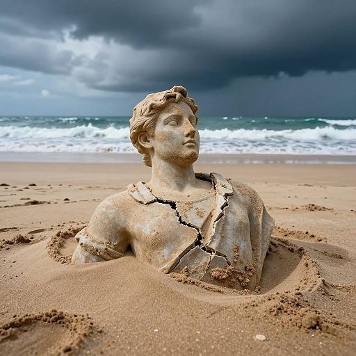 Photograph of a sandstone bust of a classical male figure with cracked details, partially buried in sandy beach, under dramatic cloudy sky with waves in the