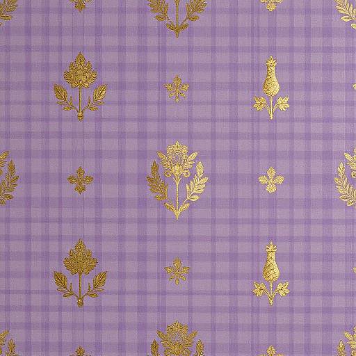 Purple plaid wallpaper with gold floral and leaf patterns, evenly spaced, creating a regal and elegant design.