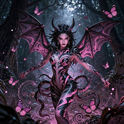 Digital fantasy artwork of a dark-haired, winged demon woman with glowing pink and black scales, surrounded by pink butterflies in a mystical forest.