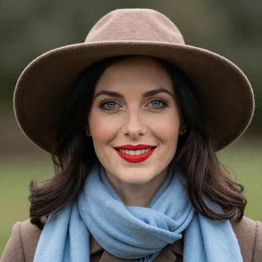 Photograph of a smiling woman with blue eyes, red lipstick, brown hat, blue scarf, and brown coat against a blurred green background.