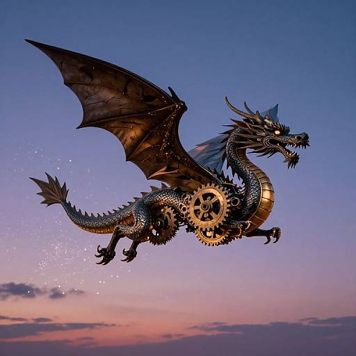 Digital illustration of a black, winged dragon with gear-like joints, flying against a twilight sky with pink and purple hues.