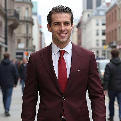 Photograph of a smiling, dark-haired man in a maroon suit, white shirt, and red tie, standing on a busy urban street. Bl