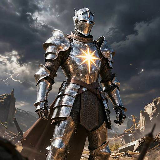 Photorealistic CGI of a shining, armored knight with a star emblem, standing in a stormy, war-torn landscape with lightning.