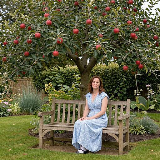 Photograph of a smiling red-haired woman in a blue dress sitting on a wooden bench under an apple tree with red apples in a lush, green garden