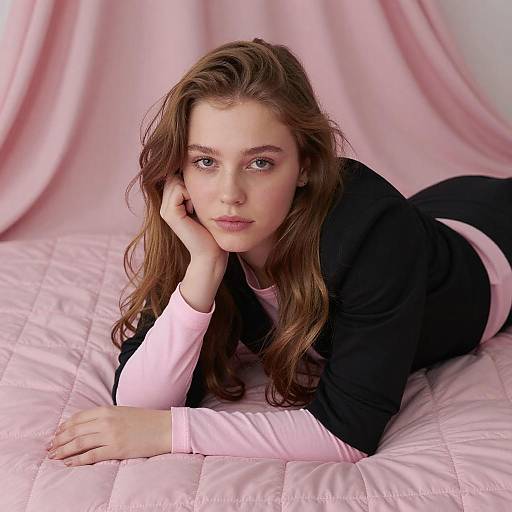 Young Woman on Pink Quilted Bed