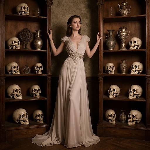 Photograph of a woman in a white, V-neck, pleated gown with a jeweled belt, standing between two dark wooden shelves filled with skulls