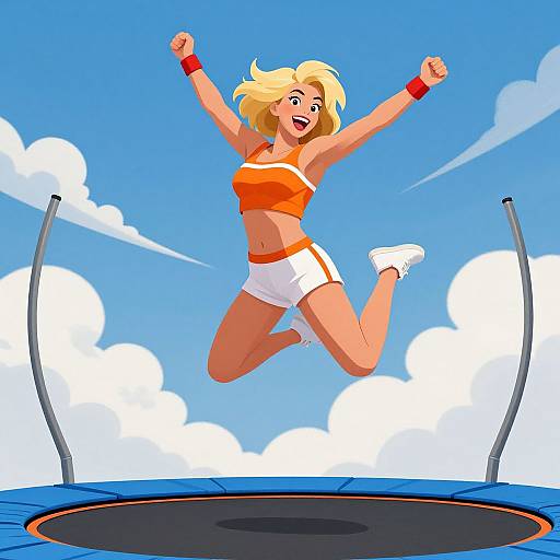 Digital illustration of a blonde woman with short hair, wearing an orange sports bra and white shorts, jumping joyfully on a trampoline against a bright blue