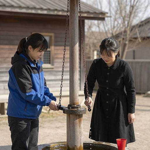 Women at a Wooden Pump in Sunlight