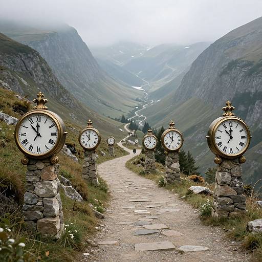 Whimsical Clocks Along Mountain Path