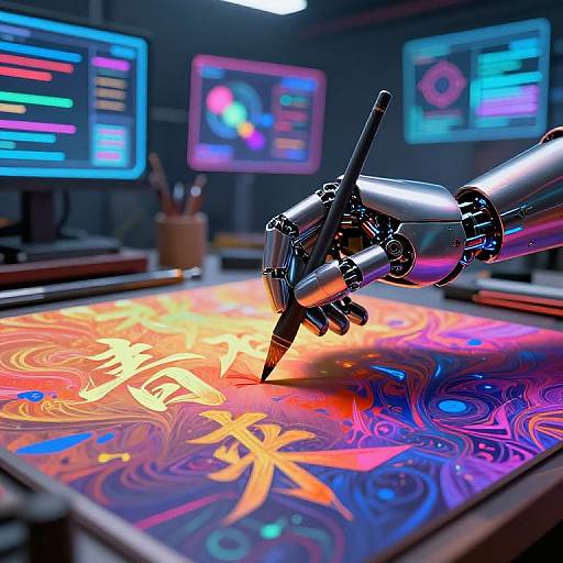 Digital art illustration of a metallic robotic hand drawing vibrant, swirling patterns on a tablet with neon colors in a futuristic, dimly-lit studio.