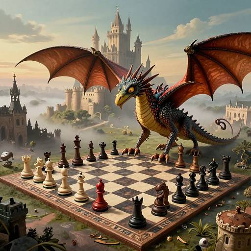 Digital fantasy artwork: A blue and red dragon with wings and sharp spikes plays chess on a medieval castle rooftop. Misty landscape, sunlit castle,