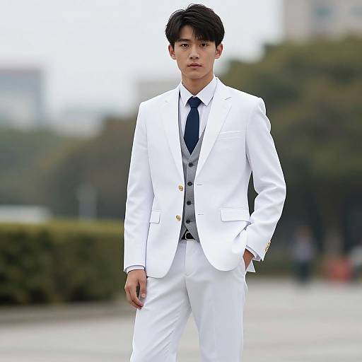Photograph of an Asian man with short black hair, wearing a white suit, gray vest, and blue tie, standing confidently outdoors.