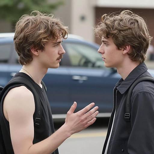 Two young men having a serious conversation outdoors