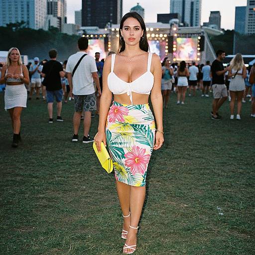 Photograph of a woman with long dark hair, wearing a white crop top and colorful floral skirt, holding a yellow clutch, standing on grass at a