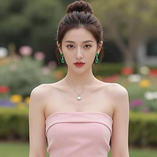 Stylish Woman with Hair Bun in Pink Dress